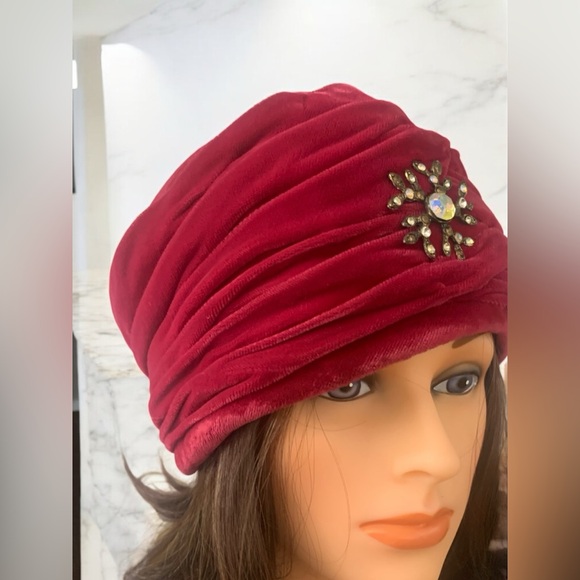 Accessories - 1960s Cherry Red Vintage Velvet Turban Hat with Jewel Accent